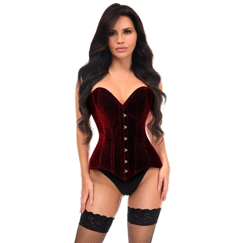 Lavish Dark Red Velvet Overbust Corset Sweetheart Neckline Busk Closure